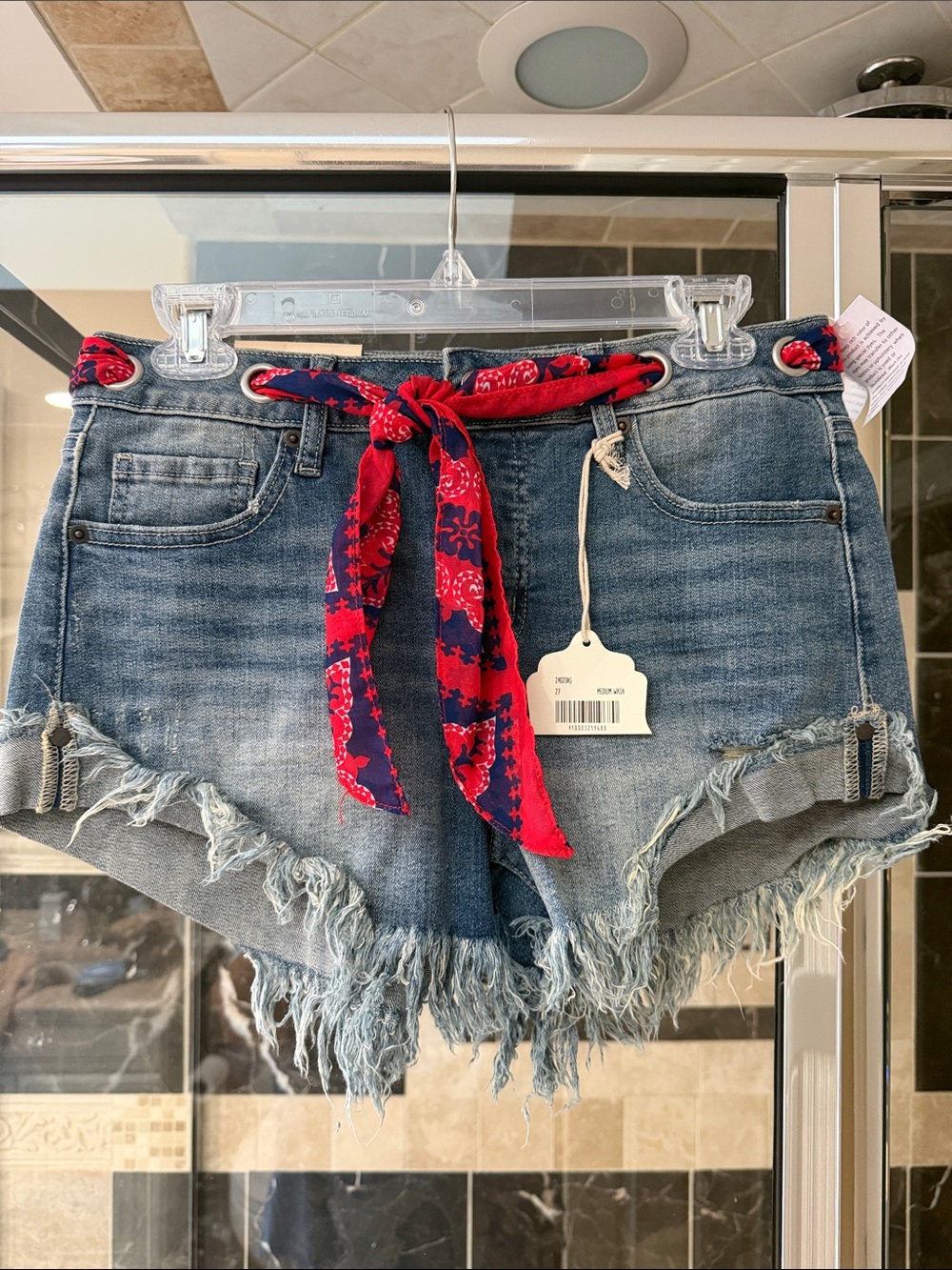 Altar'd State Blue Denim Frayed-Hem Shorts with Red Bandana Tie
